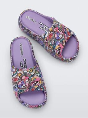 Mini Melissa Lavender Multi-Color Character Print Slide Sandals